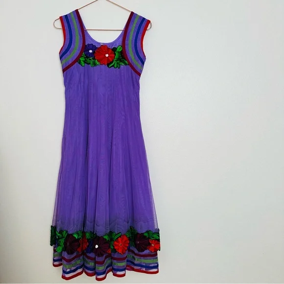 Vintage Phool Dress Indian Vibrant Purple Floral Embroidered Midi - Picture 6 of 10